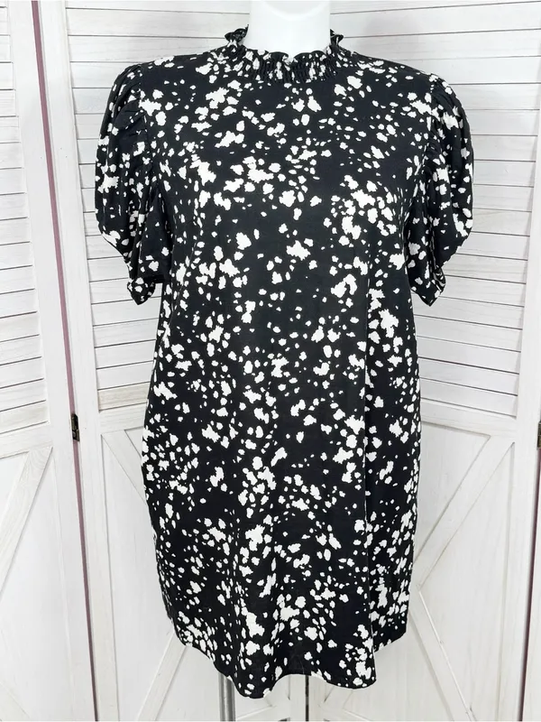 Who What Wear Linen Puff Sleeve Spotted Mini Shift Dress Black White Large - Image 2