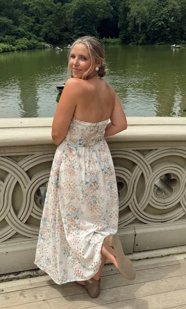 PRINTED EYELET MIDI STRAPLESS DRESS White - Image 3