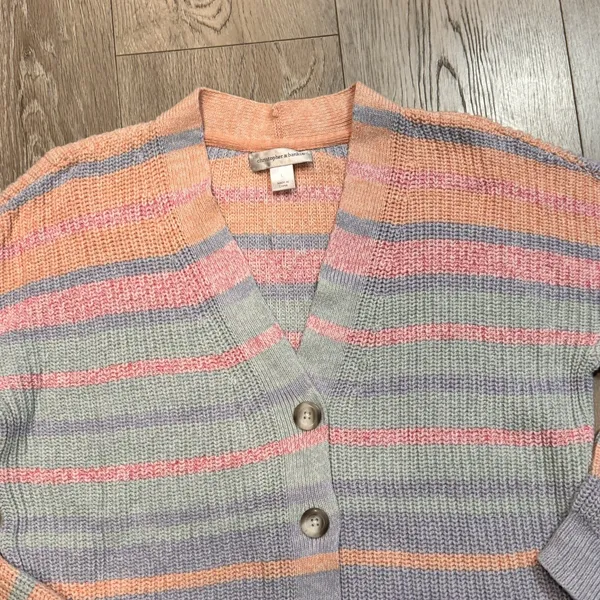 Christopher & Banks Cardigan‎ Large L Button Sweater Pastel Stripes Pink Blue - Image 2