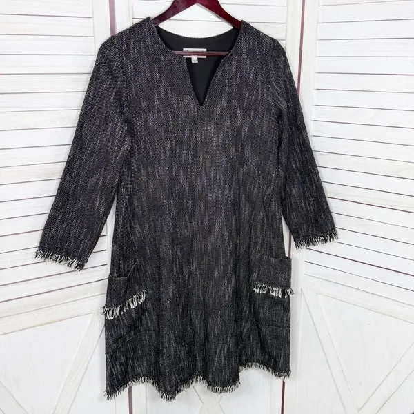 Nanette Lepore Tweed Fringe Hem Pocket Shift Dress Black‎ 6 Boho Lagenlook - Image 10