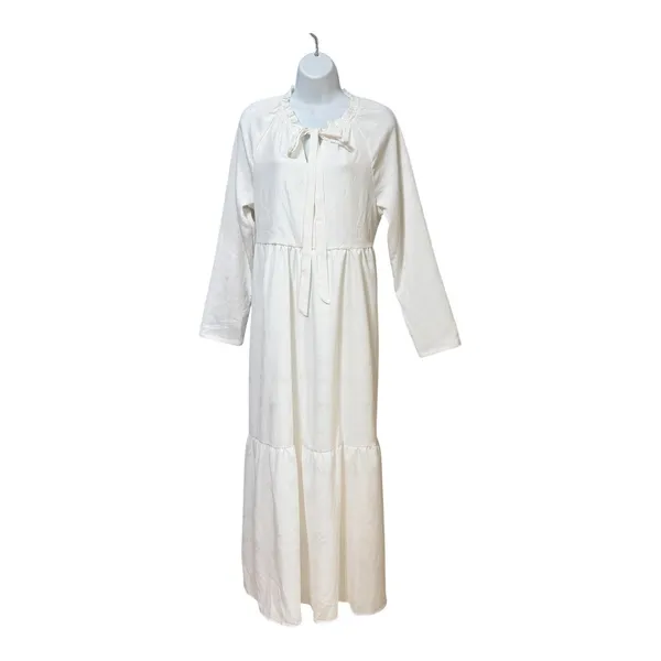 Fehrnvi Apparel White‎ Floral Jacquard Tiered Maxi Dress Long Sleeve Tie Neck M - Image 3