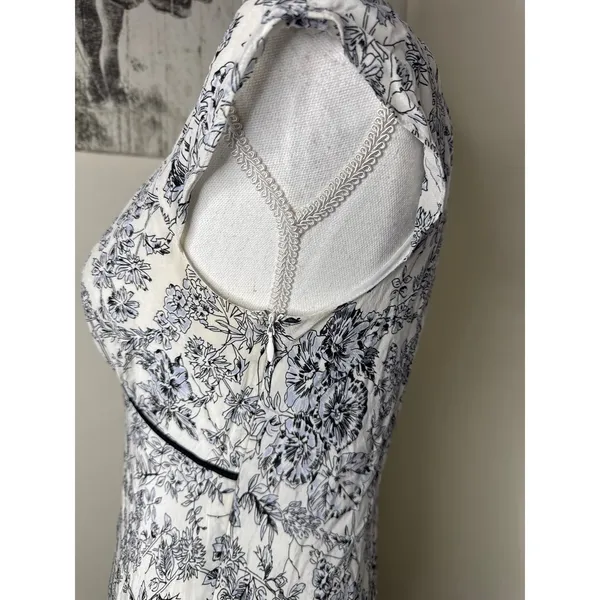 Ann Taylor LOFT Floral Midi Dress Black White V-Neck Cap Sleeve Empire Waist Size 6 Silk - Image 4