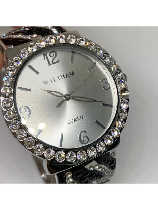 Waltham SilverTone cuff bracelet watch 38mm rhinestones quartz 7” running - Image 2
