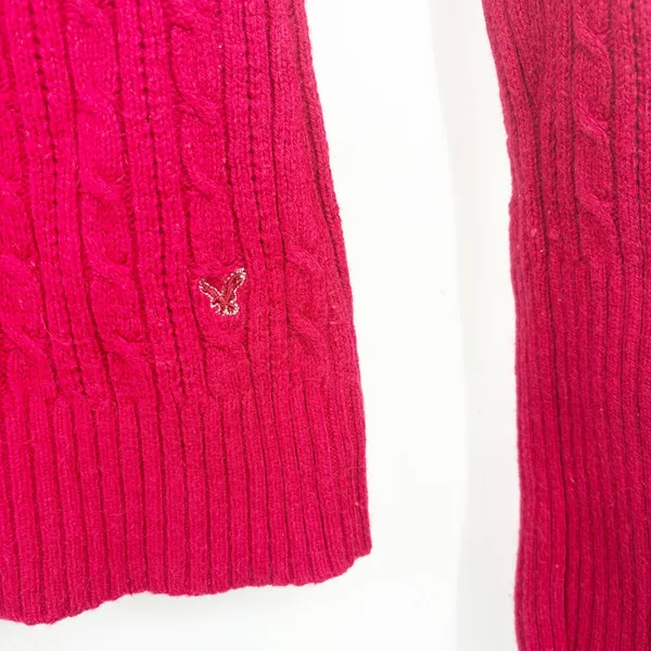 American Eagle Women Red Y2K Cable Knit Fisherman Preppy V-Neck Sweater Size S - Image 2