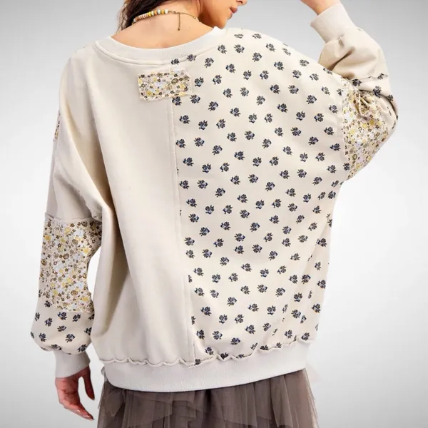 Easel Oversized Flower Patchwork Terry Knit Sweatshirt in Beige Size S - Image 2