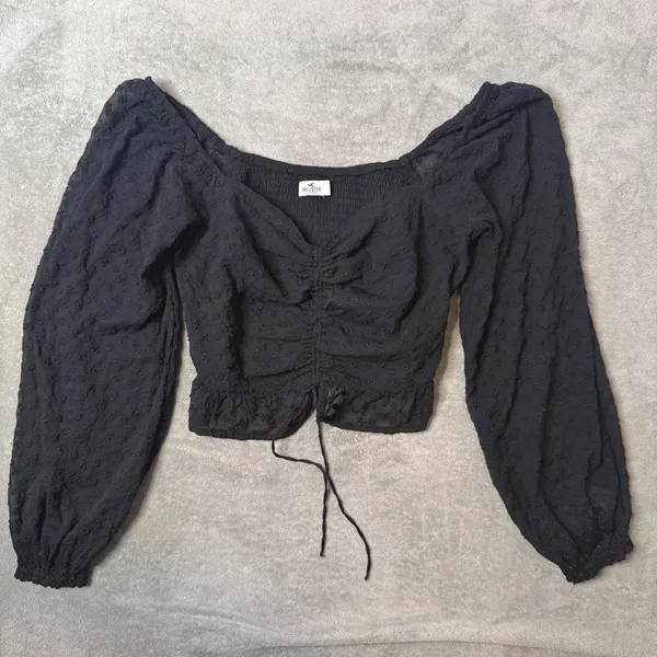Hollister Milkmaid Black Smocked Crop Top Sheer Sleeve Peplum Size L Fairy - Image 4