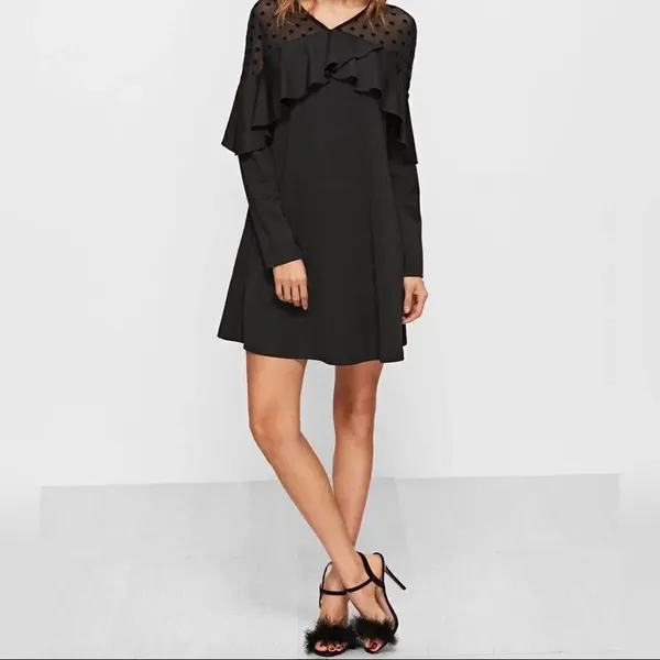Black Polka Dot Mesh Neck Ruffle Trim A Line Dress - Image 6