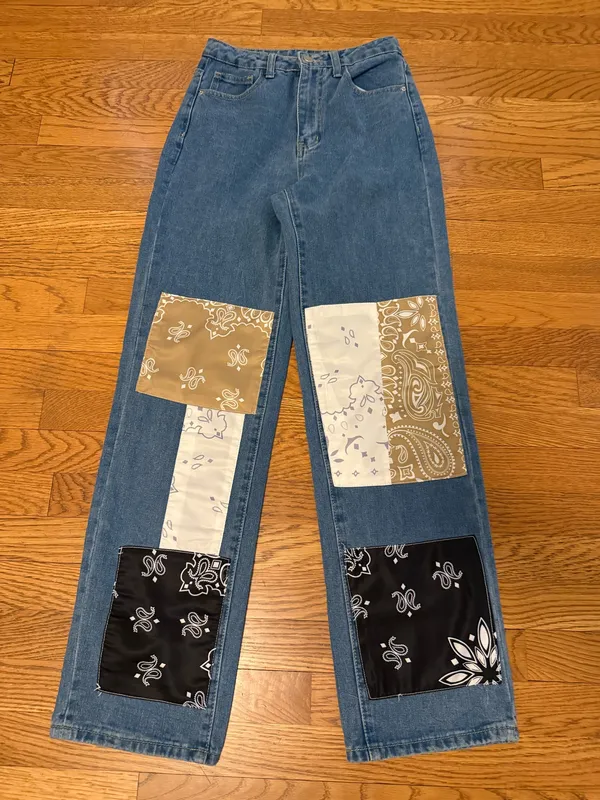 SheIn Straight / Wide Leg Patchwork Bandana Denim jeans in Blue size XS - Image 6