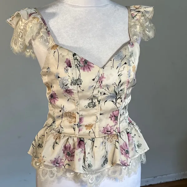 Floral Lace Corset Peplum Top Cream Purple Cottagecore Flutter Sleeve Bustier - Image 5