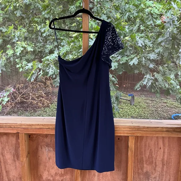 Lauren Ralph Lauren Navy One Shoulder Sequin Accent Cocktail Dress Size 14 - Image 4