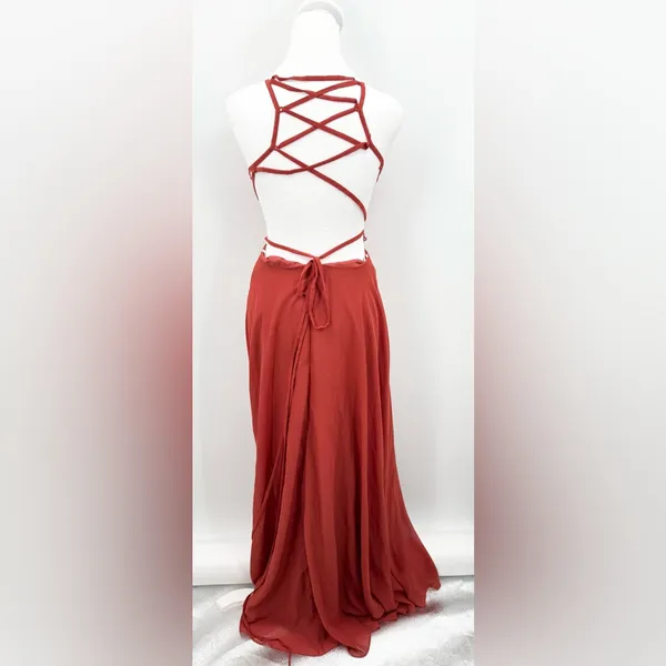 JJ's House‎ Women's Rust Orange/Red/Brown Lace-Up Back A-Line Maxi Dress Size 4 - Image 3