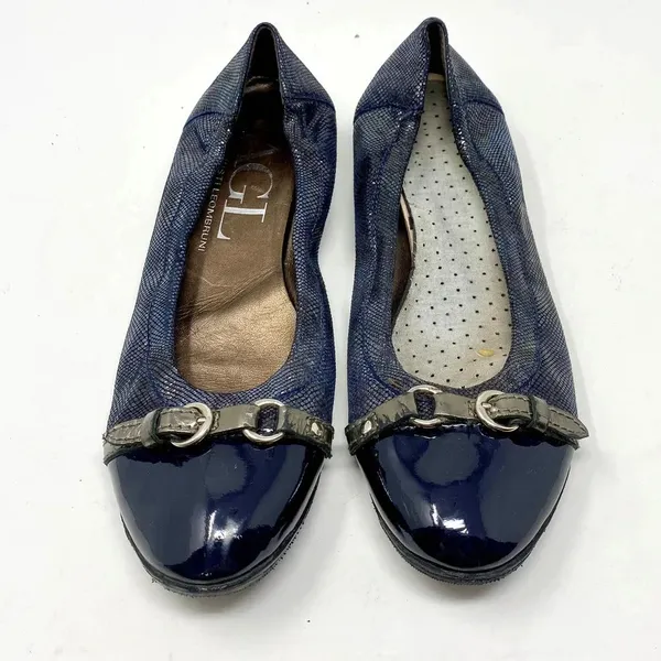 AGL Ballerina Flat‎ Shoes Cap Toe Metallic Patent Leather Navy Blue Size 8.5 - Image 2