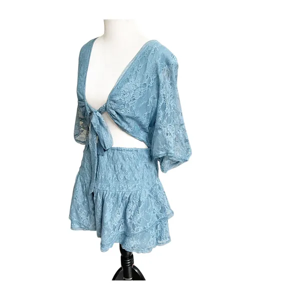 Free People Mini Dress XL Lala Lace V-Neck Flutter Sleeve Coquette Baby Denim - Image 5