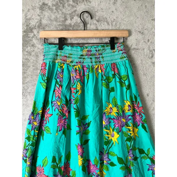 Vintage Tropical Floral Maxi Skirt Teal Smocked Waist Boho Cottagecore Cotton SM - Image 4