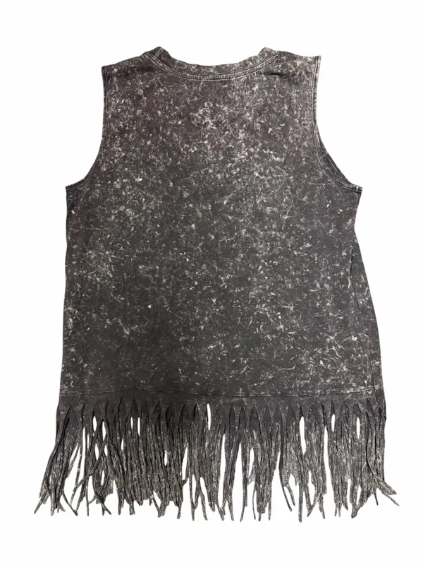 BIBI Mineral Wash Fringe Tank Grey Boho Western Festival Sleeveless Hippie L - Image 5