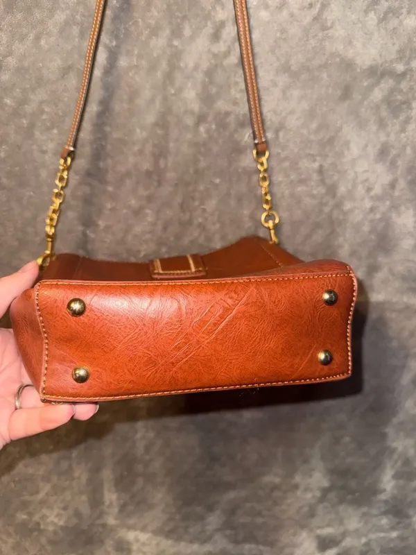 Vintage Style Brown Faux Leather Structured Crossbody Bag with Stitching Details - Image 6