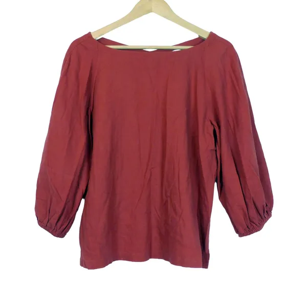LOFT Linen Blend Peasant Top Womens M Rust Orange Balloon Sleeve Boat Neck Boho - Image 2