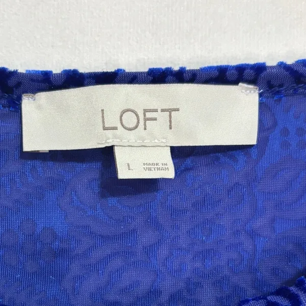 LOFT Blouse Blue Velvet Burnout Damask Puff Sleeve Holiday Party Romantic L - Image 5