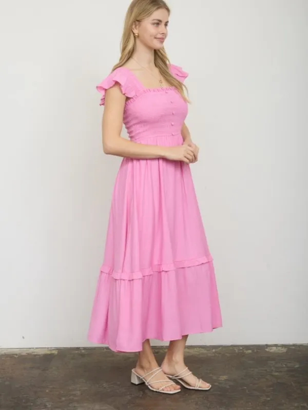 Mock Button Down Smocked Ruffle Detail Midi Dress Pink - Image 4