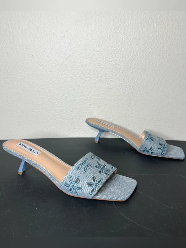 Steve Madden Embroidered Eyelet Floral Denim Josefina Slip On Kitten Heel - Image 2