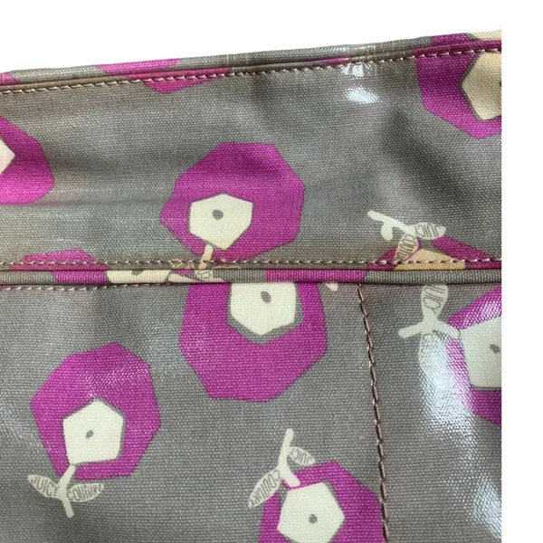 Juicy Couture Tote Vinyl Gray Purple White Flowers Bag Leather Trim - Image 3