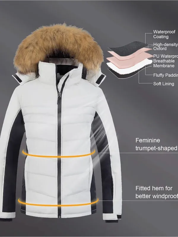 Women's Waterproof Insulated Faux Fur Winter Ski Puffer Jacket with Hood - Image 5