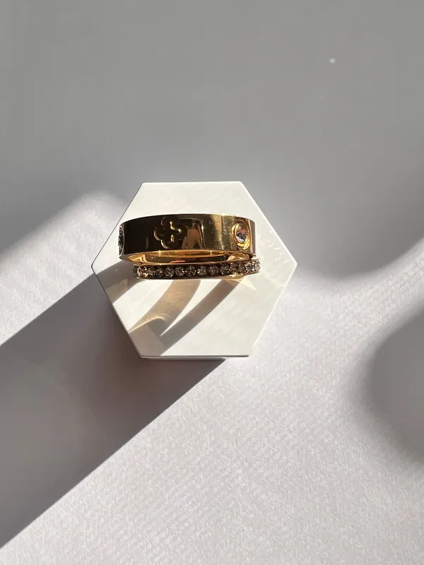 Gold two pieces ring, stackable bands with diamonds Size 8 - Image 4