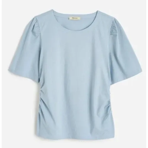 Madewell Top Womens‎ XS Blue Crewneck Puff Sleeve Ruched Cotton T Shirt NU869 - Image 2