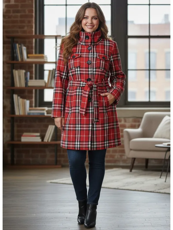 Last Kiss Red Black Plaid Belted Jacket Button Front Sz XL - Image 6
