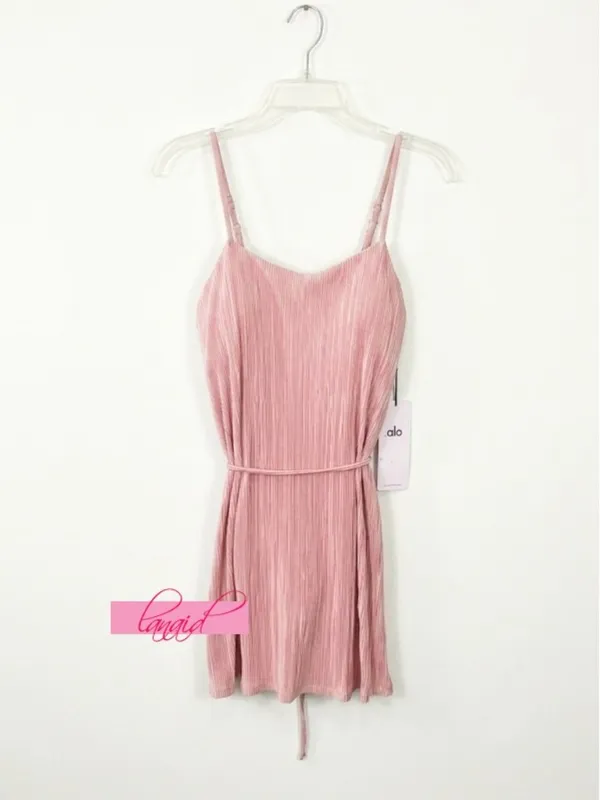 Alo Micro Plisse Game On Tennis Dress Pink Quartz Padded Belted Pleated Mini M - Image 8