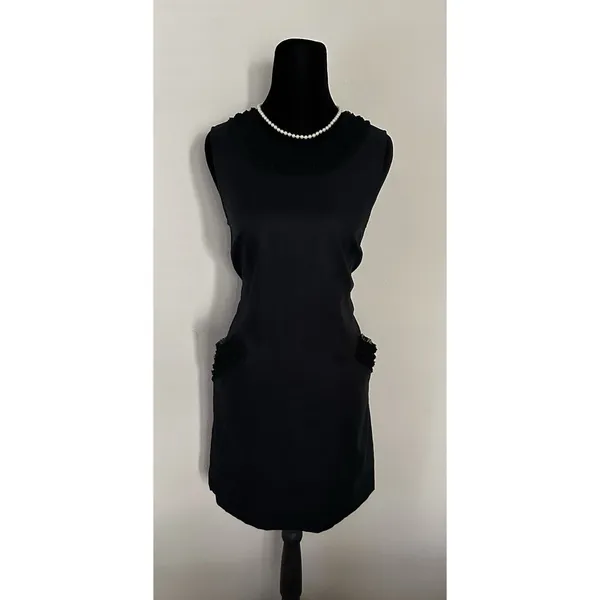 Ann Taylor Loft Size 4 Black Shift Dress Pocket Ruffle Trim Career Cocktail EUC - Image 2