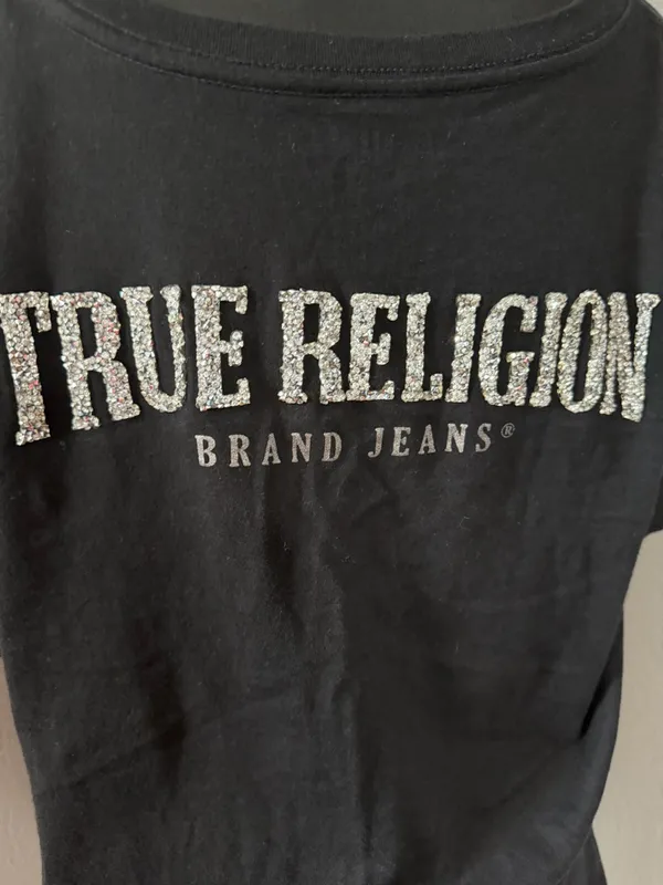 True Religion Crystal Horseshoe Logo V Neck Black Tee 2XL. - Image 5