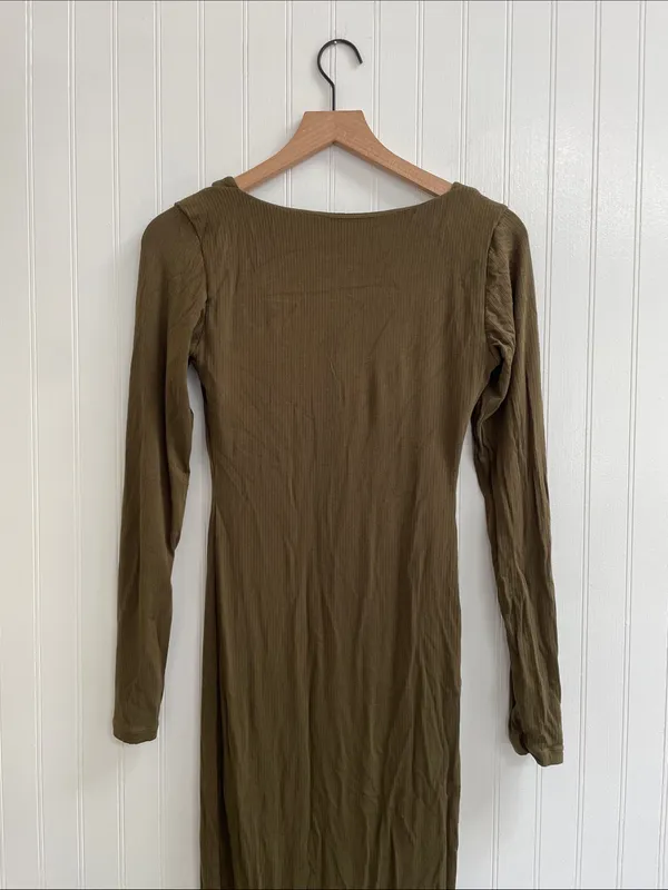 SHAPELLX Long‎ Sleeve Cut-Out Ribbed Shapewear Maxi Dress in Olive Green Size M - Image 9