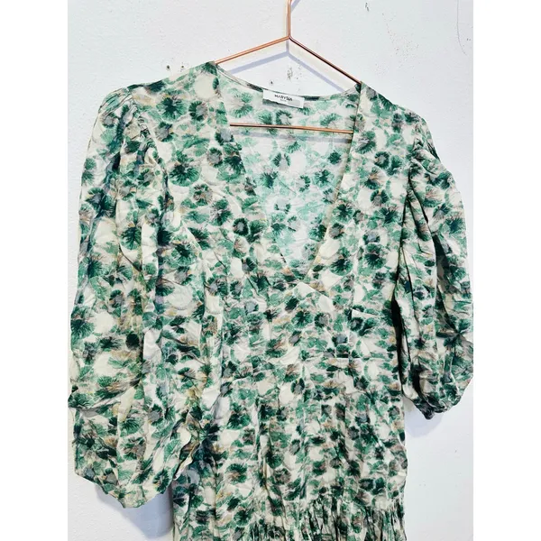 MARYSIA Green White Floral Printed 100% Cotton Drop Waist Imperialis Dress M - Image 9