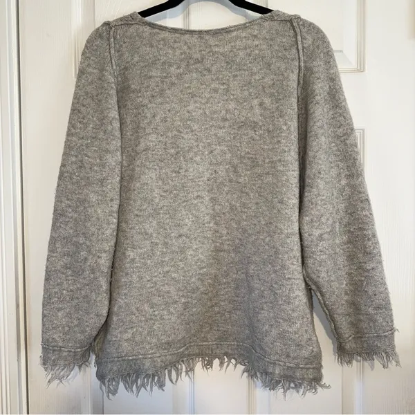 FREE PEOPLE Wool Linen‎ Oversized Pullover Sweater Fringe Grey XS - Image 2