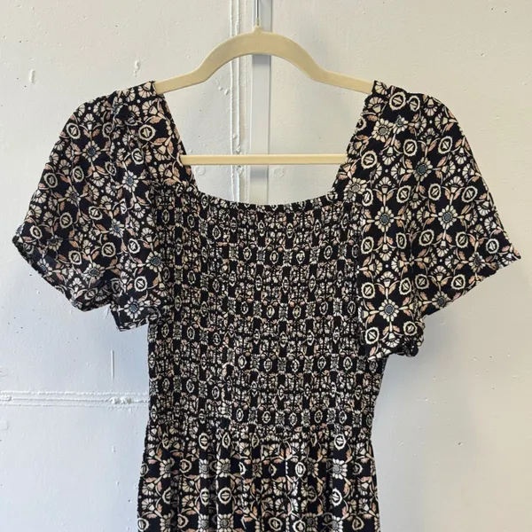 Angie Boho Floral Smocked High Low Midi Dress Black Pink Small Cottagecore - Image 6