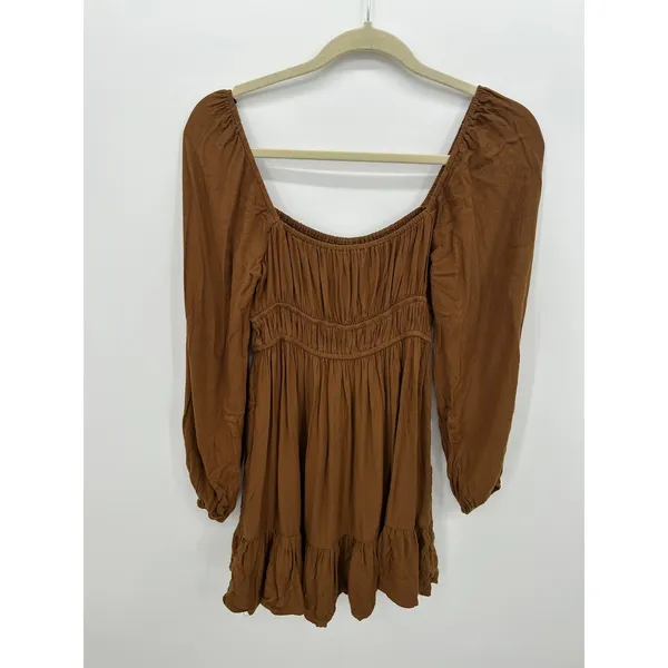 Brown‎ Peasant Babydoll Mini Dress Sz S Smocked Boho Cottagecore - Image 2