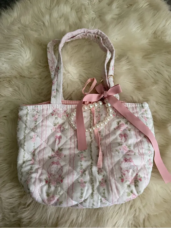 Boutique Floral Quilted Pink Tote Bag with Tie Closure - Image 5