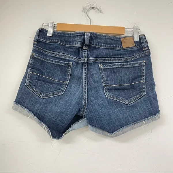 American Eagle Rolled Hem Shorty Jean Shorts Womens 8 Blue Denim Stretch Zip Fly - Image 5