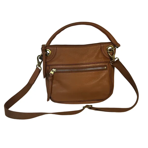 Fossil Cognac Brown Pebbled Leather Convertible Crossbody Bag Antique Brass‎ Zip - Image 2