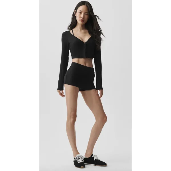 Alo Yoga Ribbed Cropped Whisper Cardigan Black Button Front XS - Image 8