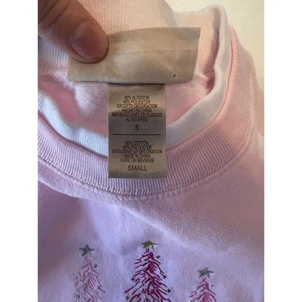 M&C Sportswear‎ Pink Christmas Tree Embroidered Sweatshirt Mock Neck Small - Image 4