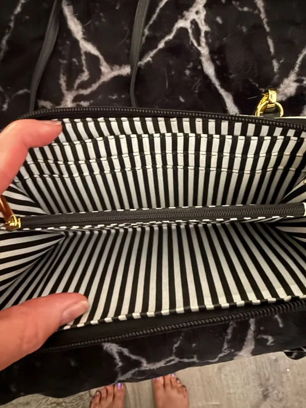 Betsey Johnson Black, White & Pink Striped Crossbody Wallet - Image 4