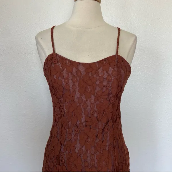 Vintage 70s 80s Brown Lace Sleeveless Sheath Cocktail Dress - Image 5