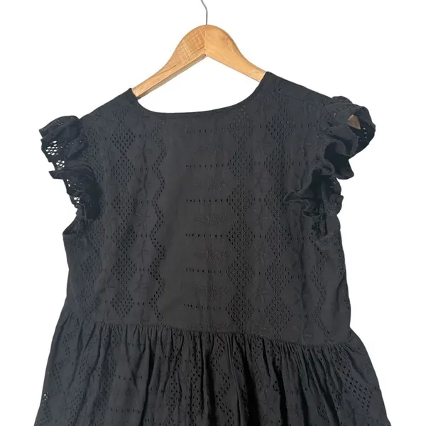 Black Eyelet Babydoll Embroidered Floral Mini Dress Size M Empire Waist Folk - Image 11