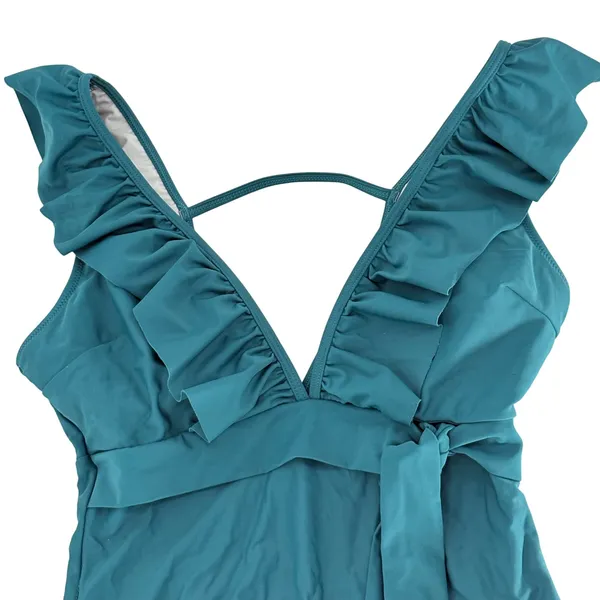 Cupshe Ruffle V-Neck One-Piece Swimsuit Womens Size 16 Teal Green Side Tie‎ Sash - Image 4