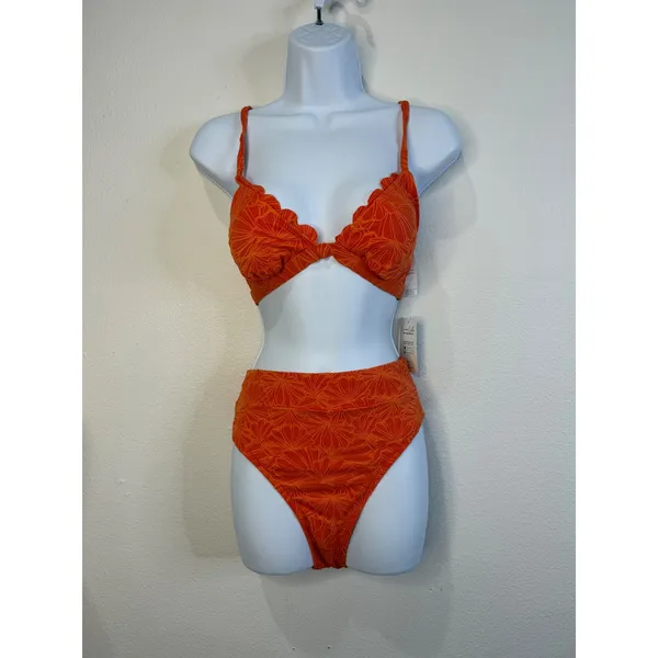 CUPSHE Women Orange Floral Textured High Waisted Bikini Set DAA12C2L007KK Size M - Image 3
