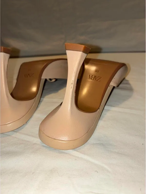 Zara Leather Heeled Mules – Beige Square Toe Slide Sandals Size 38 - Image 7