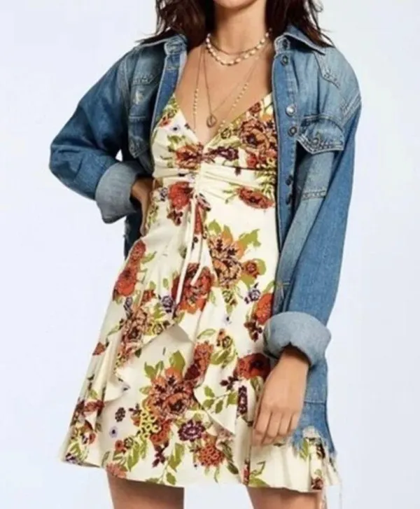 Free People Happy Heart Mini Floral Dress ruched ruffle smock boho L - Image 2