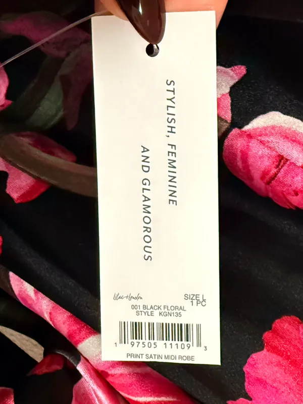 NWT Women's Lilac + London Floral Print Pink and Black Midi Wrap Robe L - Image 10